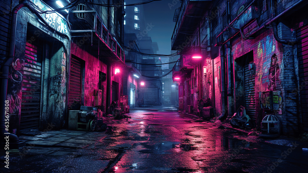 Street in cyberpunk city, dark alley with neon light, garbage and ...