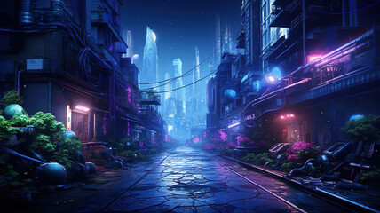 Wall Mural - Cyberpunk city view at night, street or alley with plants in neon lights, generative AI. Futuristic urban scene of dystopia. Concept of future, metaverse, technology, cyber.