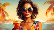 © Artofinnovation - Beautiful woman model with sunglasses on beach relaxing in summer, generative ai