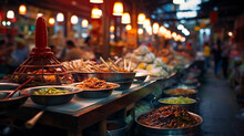 Outdoor Asian Food Market, With Meat, Vegetables And Fruit, Generative Ai