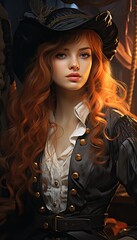 beautiful pirate girl with red hairs, illustration, generative ai