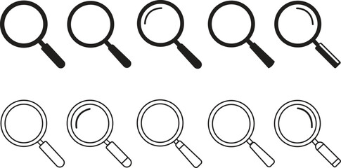 set of Magnifying glass icon in line style and flat. magnifier or loupe sign isolated on white background, Search symbol. Research, find icon. Lens, look magnifier, loupe sign.