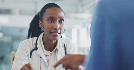 Poster - Woman, doctor and consultation in a hospital or healthcare clinic with conversation and care. African female person, communication and medical professional with a patient and wellness advice work