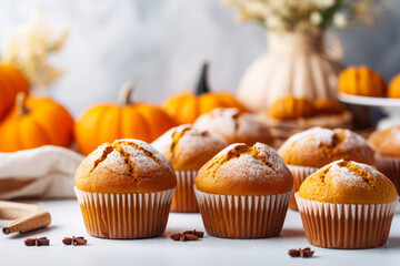 Wall Mural - Pumpkin muffins on a white table homemade and freshly baked, fall dessert or snack idea, generative AI