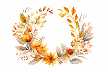 Wall Mural - Festive Thanksgiving wreath with leaves and pumpkins, watercolor style, generative AI