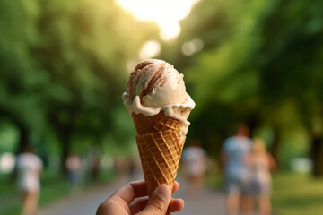 Wall Mural - Female hand holding an ice cream cone, social media style photo, food and travel destination concept, generative AI