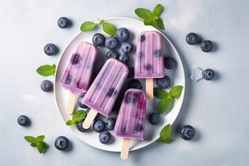 Wall Mural - Homemade blueberry yogurt popsicles on a plate with ice and fresh berries, generative AI