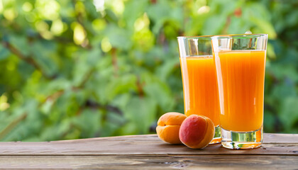 Wall Mural - glasses of apricot juice on wooden table on green background. freshly picked apricots in the garden on an old wooden table. fresh apricots on a wooden table over blurred green background