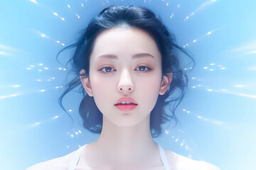 Wall Mural - Ultra-detailed close-up depiction of an illustrated young woman radiating optimism, captured in a studio environment against a compelling pastel Blue backdrop. Generated using Generative AI.