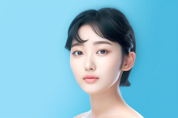 Wall Mural - a hyper-realistic close-up captures the positive essence of a young woman. With an alluring Blue backdrop of pastel hues, the beautiful model strikes a poised pose. Created using Generative AI.