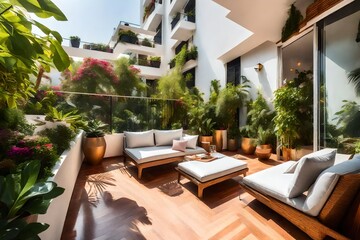 Modern balcony sitting area decorated with green plant and white wall. 