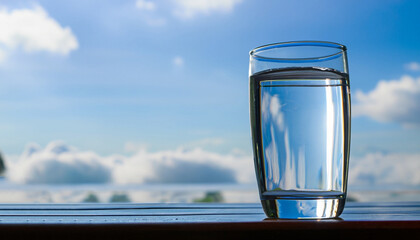 Wall Mural - water in glass put on table under the blue sky reflection for healthy or drink, nature concept.