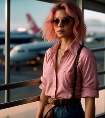 Canvas Print - portrait of a traveler woman in sunglasses, aeroport, using ai