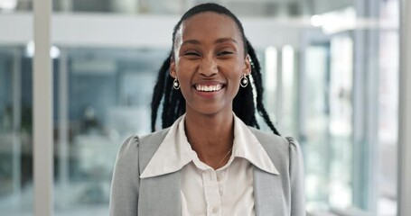 Poster - Face, business and black woman with smile, career ambition and marketing agent in a formal, corporate and professional workplace. Portrait, African person and employee with a startup and confidence