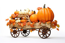 Thanksgiving Wagon Full Of Plane Pumpkins With Leaves Falling On A White Background