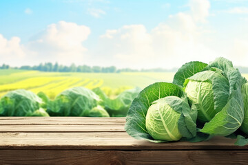 Wall Mural - Ripe cabbage on the wooden table with the field on background