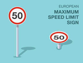 Traffic regulation rules. Isolated european maximum speed limit sign. Front and top view. Flat vector illustration template.