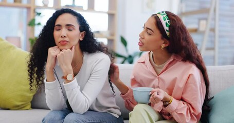 Wall Mural - Support, friends and talking about a breakup on the sofa, crying and sad about love together. Help, care and women speaking on the home couch about a divorce, mental health or relationship stress
