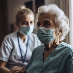 Doctor visiting senior woman at home. Old woman and doctor in mask. Generative ai