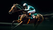Jockey riding a horse in a race on a dark background.