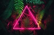 A neon triangle casts a brilliant glow, illuminating a background adorned with intricately detailed ferns and grasses. The radiant neon light serves as a stark juxtaposition to the delicate greenery