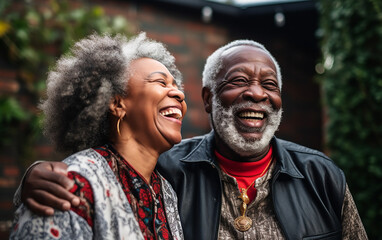 Black african american dark-skinned happy smiling active senior couple, retired husband and wife having fun outdoors