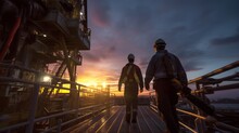 Scene Of An Operator Working And Doing Maintenance At Offshore Oil And Rig Platform At Sunset, Maintenance And Operation, Power Energy And Onshore Refinery, Worker Walking And Standing, Generative AI