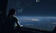Photo of a woman gazing out of a window in a space station