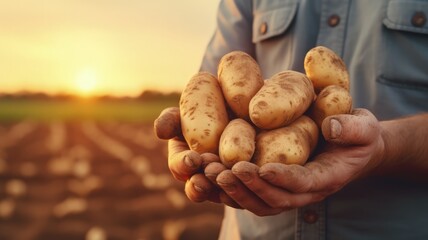 Wall Mural - farmer holding potatoes in hand