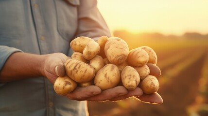 Wall Mural - potatoes in hand of farmer when harvest