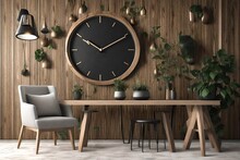 3d Rendering Interior Living Room, Wooden Wall And Floor Decoration By Wall Clock Wooden Table And Wooden Chair, Black Flower Vase On Table