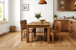 Wooden kitchen room with dining table and chairs, parquet floor