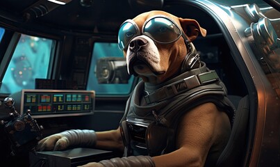 Photo of a dog dressed as a pilot with a helmet and goggles