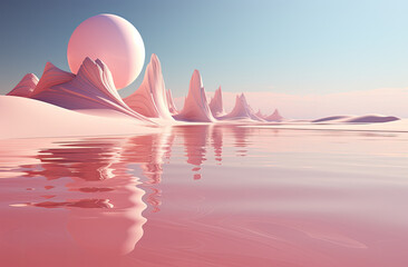 Wall Mural - Fantasy alien planet. pink mountain and lake. created by generative AI technology.