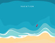 Top view of the sea reaching the coastline, small boat, vacation, vector illustration
