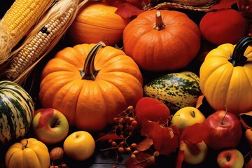 bountiful harvest produce. autumn background with pumpkins, apples and other seasonal vegetables. au