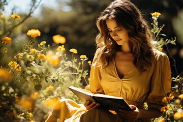 A beautiful young lady sitting on the soft green grass among colorful flowers and reading an interesting old book