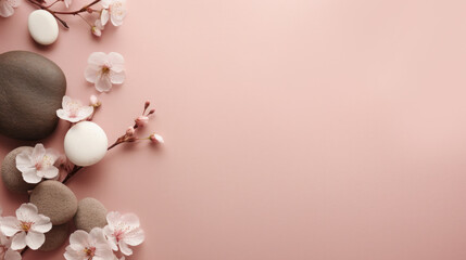 Wall Mural - White cherry blossoms on blush background with large space for text or copy