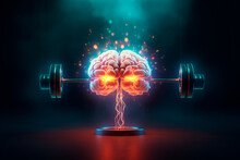 Human Brain And Barbell Art Image. The Concept Of Pumping The Brain, The Development Of New Neural Connections. AI Generated