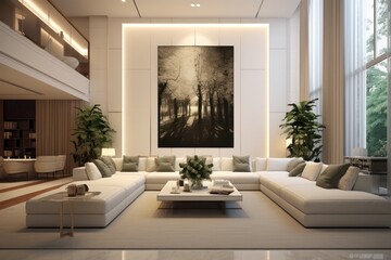 Wall Mural - Close up details of a sleek, contemporary living room sofa, couch, pillows and accent mirror. Led lights and modern design of fabulous home