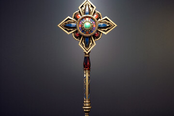 Fototapete - A geometric-style scepter adorned with symmetrical shapes and metallic accents, symbolizing the power and sovereignty of a queen. Generative AI technology.