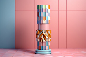Poster - A pastel-colored geometric-themed column with intricate geometric patterns and delicate pastel shades, adding a touch of sophistication to any space. Generative AI technology.