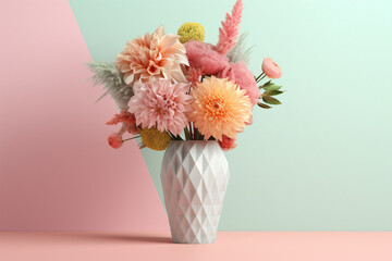Aufkleber - A pastel-colored geometric-style flower arrangement with geometric containers and pastel accents, adding a contemporary touch to floral decor. Generative AI technology.