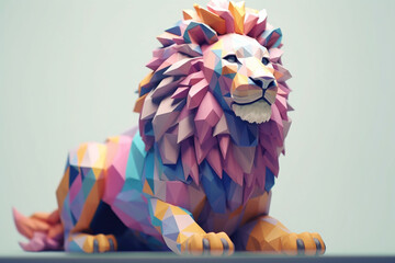Fototapete - A pastel-colored geometric-style Lion artwork with intricate geometric shapes and soft pastel hues, showcasing the beauty of nature in a modern design. Generative AI technology.