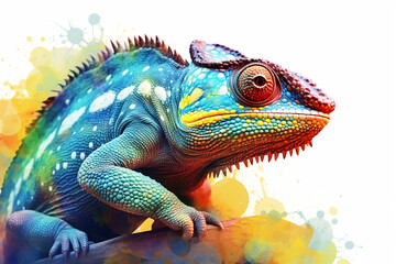 Leinwandbilder - A watercolor geometric style portrayal of a curious chameleon, with its intricate scales depicted using geometric patterns and vibrant watercolor hues, Generative AI technology.
