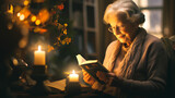 Fototapeta  -  an elderly woman sits in a cozy armchair, surrounded by a dimly lit room filled with books, family photographs, and cherished mementos