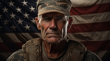 Veteran on background of usa american flag, portrait of an old caucasian male soldier looking at camera. Patriot Day and memory concept