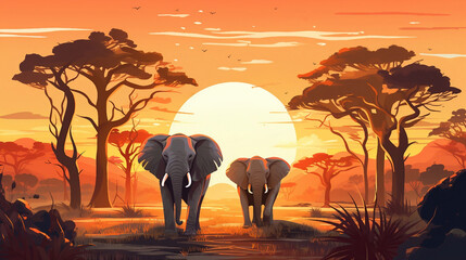 An illustration of two elephants walking in the forest at sunset AI Generated