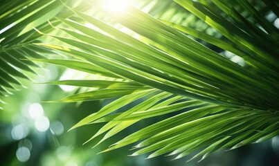 Palm leaves wallpaper. Sunny tropical background. For banner, postcard, book illustration. Created with generative AI tools