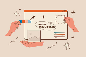 Team of designers illustrators working on project. Art studio teamwork process. Computer program interface for drawing graphic element. Professional software. Digital illustration. Vector illustration